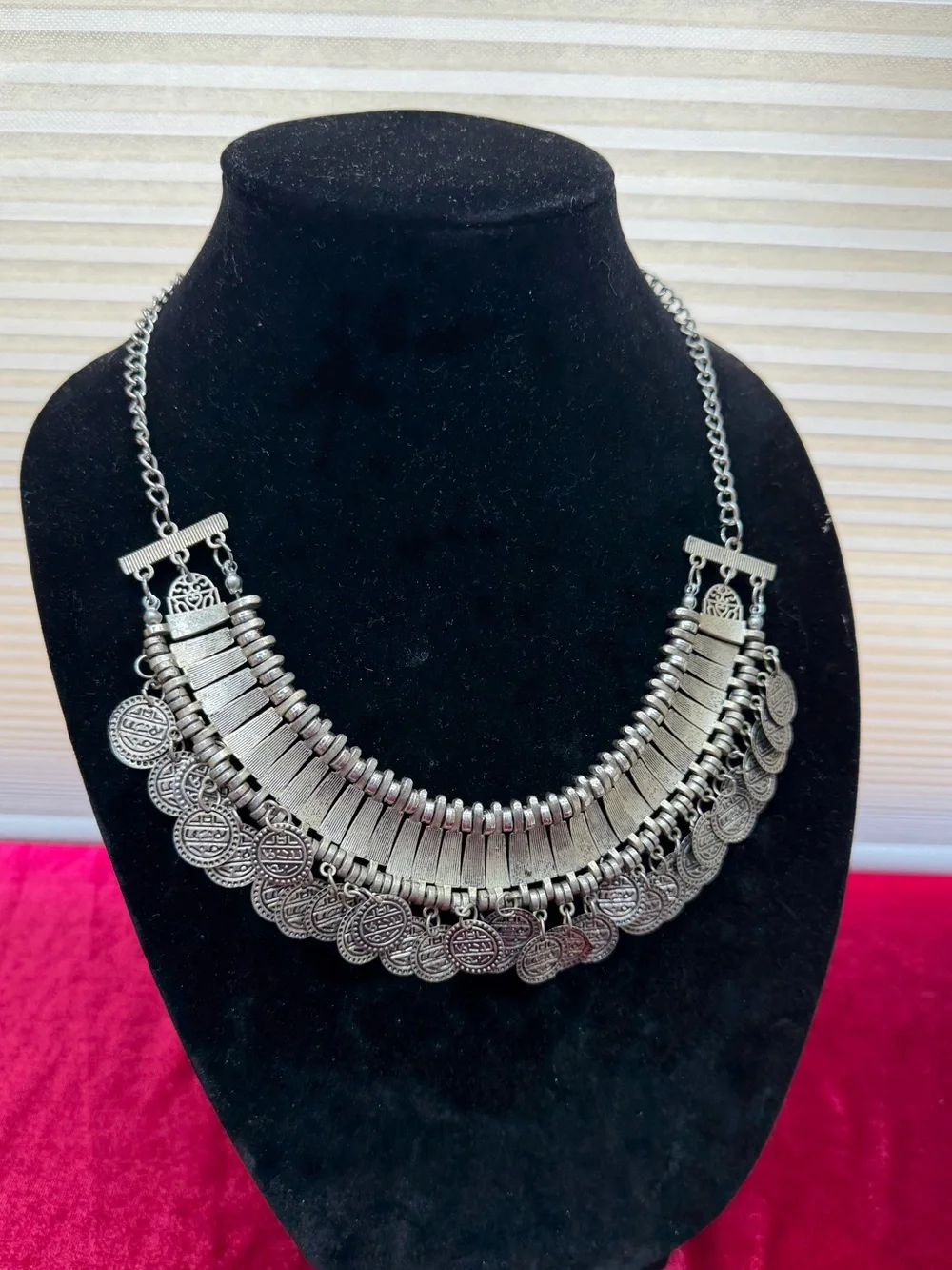Vintage Silver Tone Boho Ethnic Tribal Coin Fringe Statement Necklace